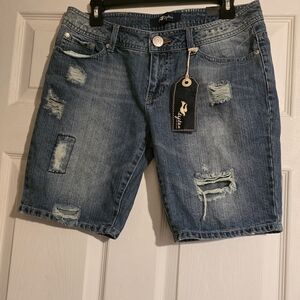Distressed Mid-Length Denim Shorts - Blue